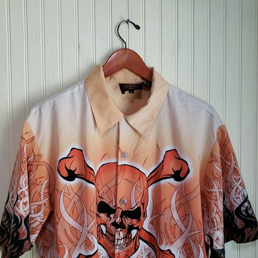 Dragonfly Roadhouse Shirt Mens Large Orange Graphic Skull Flames Biker Button-Up